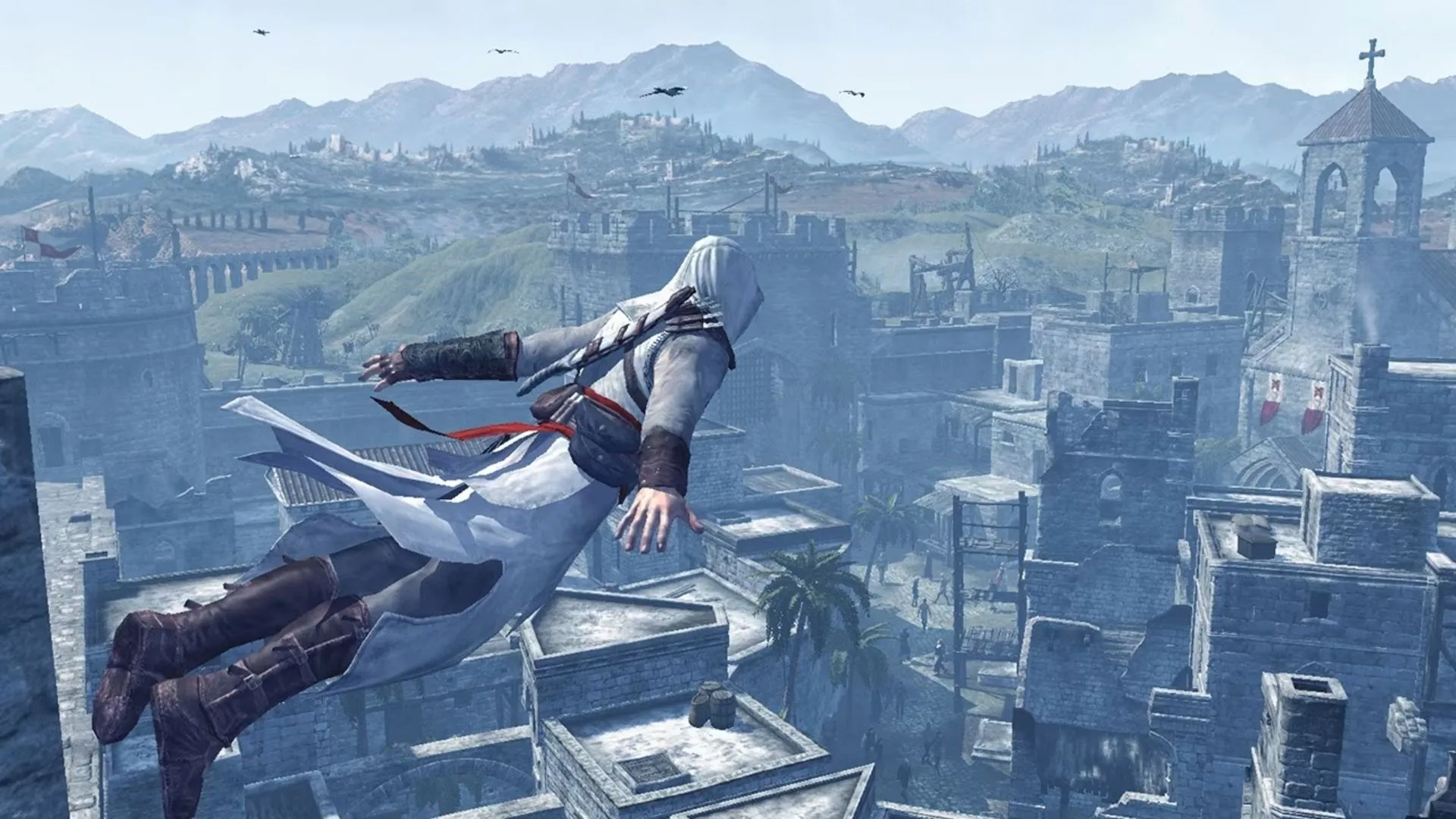 Altaïr đang thực hiện một cú Leap of Faith từ đỉnh tháp cao