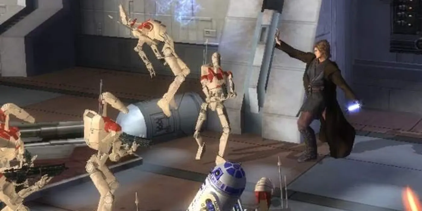 Anakin Skywalker và Obi-Wan Kenobi đối đầu trong Star Wars Episode III: Revenge of the Sith, thể hiện cơ chế chiến đấu combo của game.