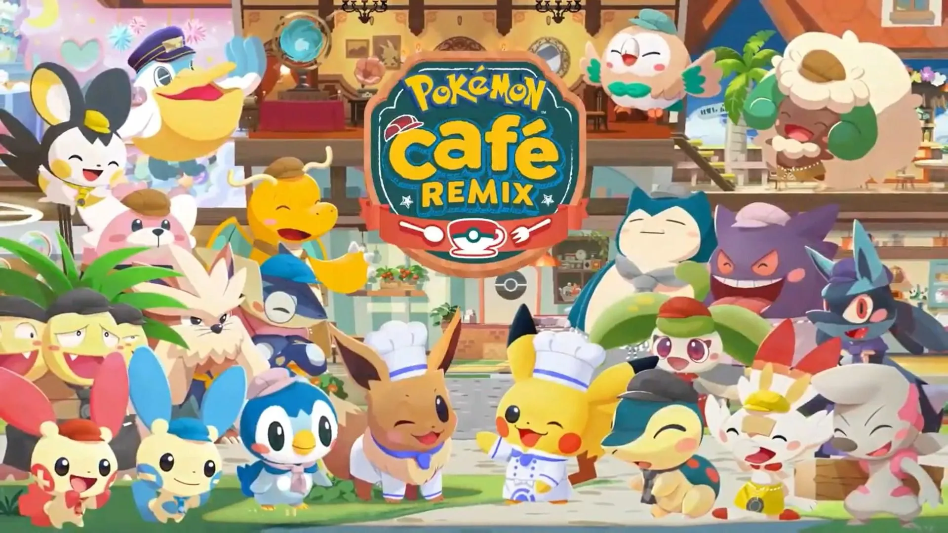 Ảnh bìa game Pokémon Café ReMix, thể hiện các Pokémon phục vụ trong một quán cà phê.