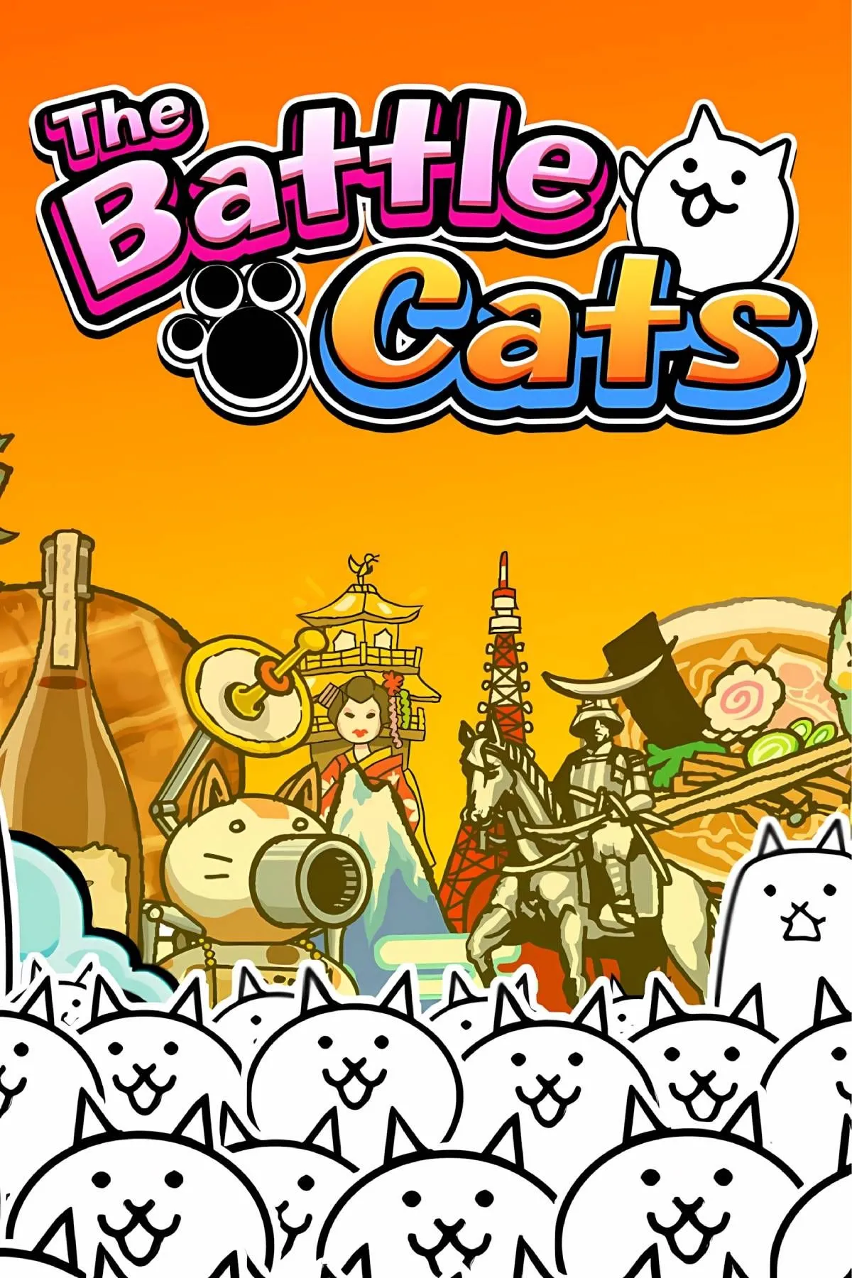 Ảnh bìa game The Battle Cats với các nhân vật mèo ngộ nghĩnh, biểu tượng của game chiến thuật tháp phòng thủ độc đáo