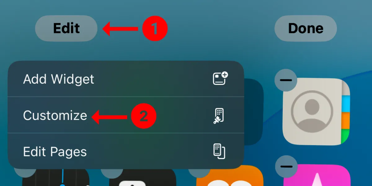 Ảnh chụp màn hình các nút Edit (Chỉnh sửa) và Customize (Tùy chỉnh) trên iOS 18, trong chế độ rung lắc.