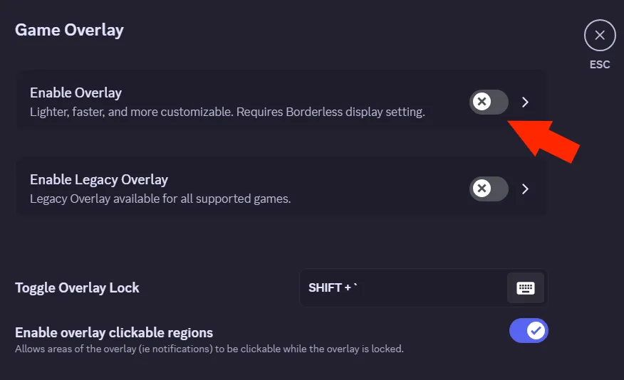 Ảnh chụp màn hình cài đặt Discord, hiển thị công tắc &quot;Enable Overlay&quot; đã được tắt (màu xám với dấu X), minh họa bước tắt overlay hoàn toàn