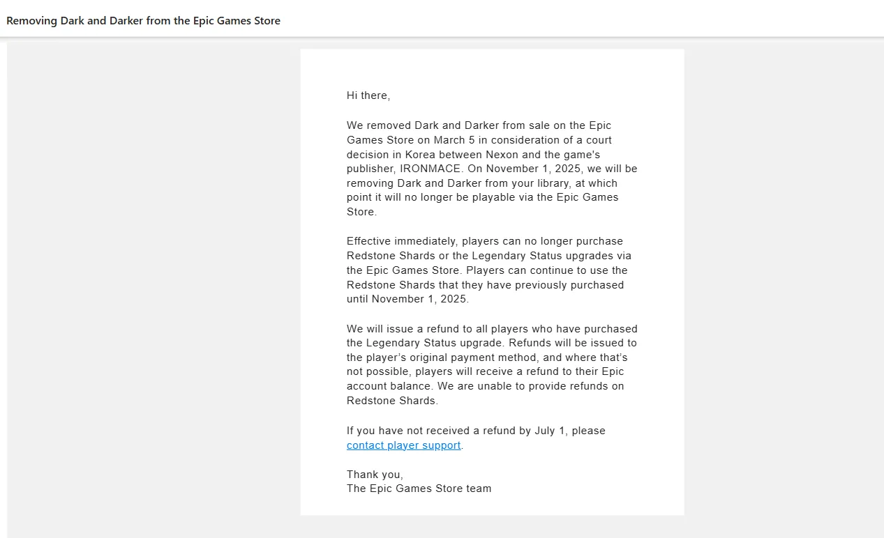 Ảnh chụp màn hình email thông báo gỡ bỏ Dark and Darker từ Epic Games Store
