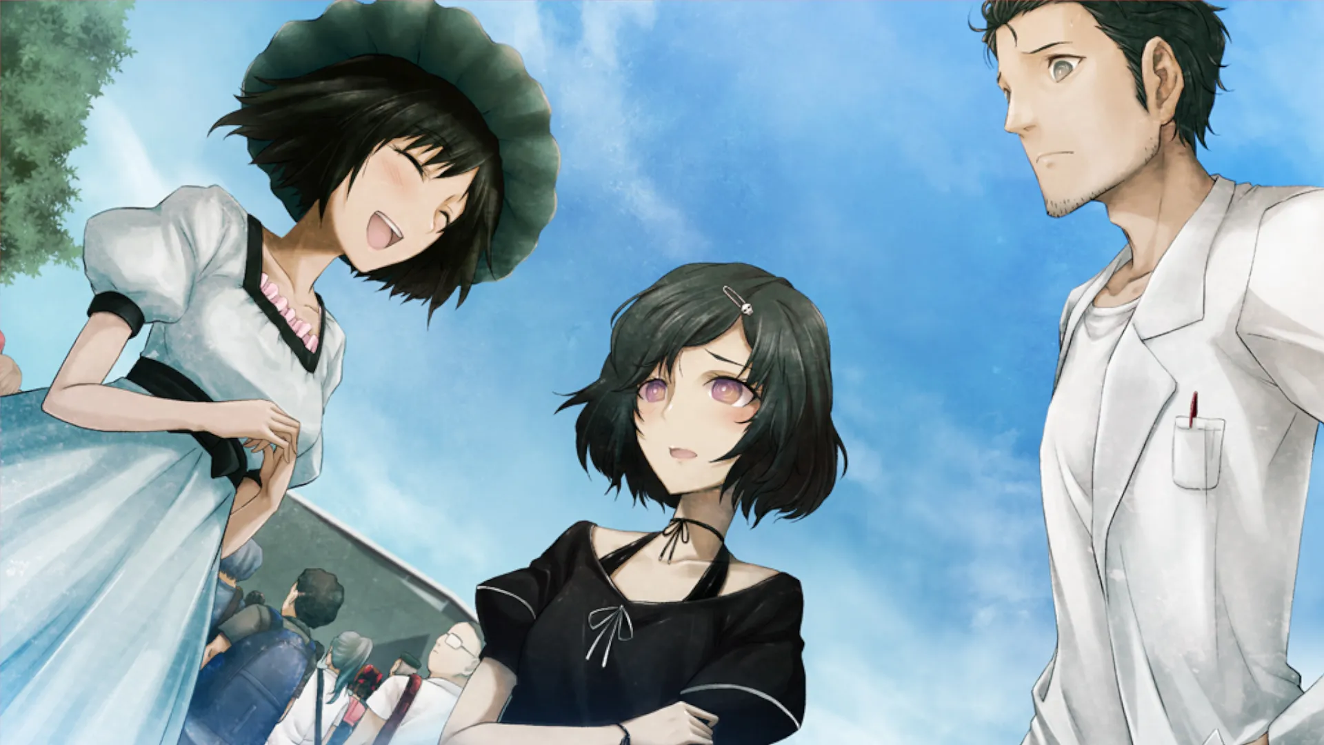 Ảnh chụp màn hình gameplay của game Steins;Gate, ba nhân vật đang nói chuyện bên ngoài tại một địa điểm công cộng