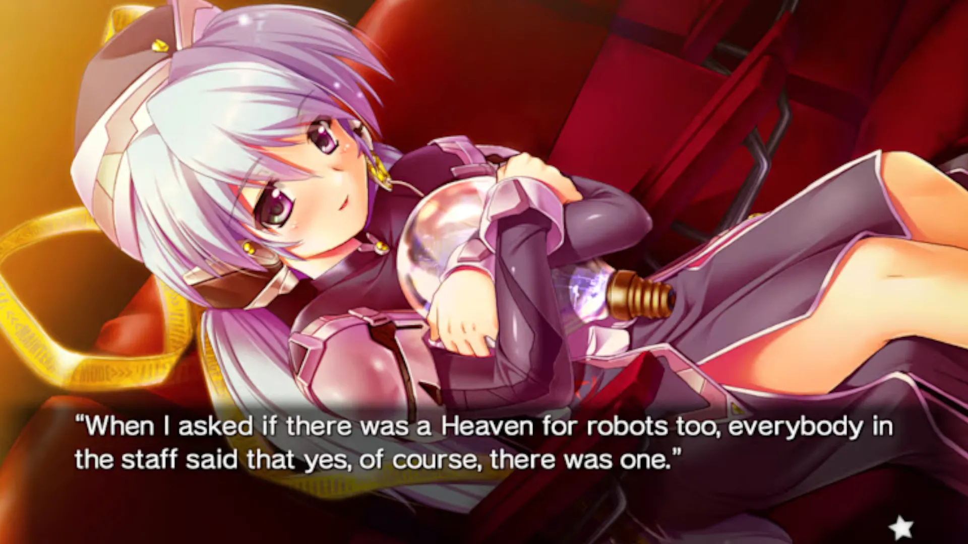 Ảnh chụp màn hình gameplay của Planetarian: The Reverie of a Little Planet, nhân vật Hoshino nói về thiên đường cho robot trong khi ôm một bóng đèn