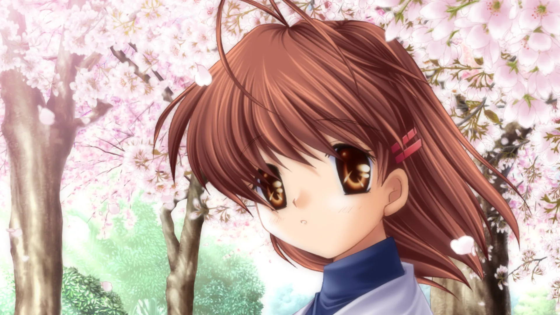 Ảnh chụp màn hình Nagisa nhìn người chơi trước hàng cây hoa anh đào từ game CLANNAD