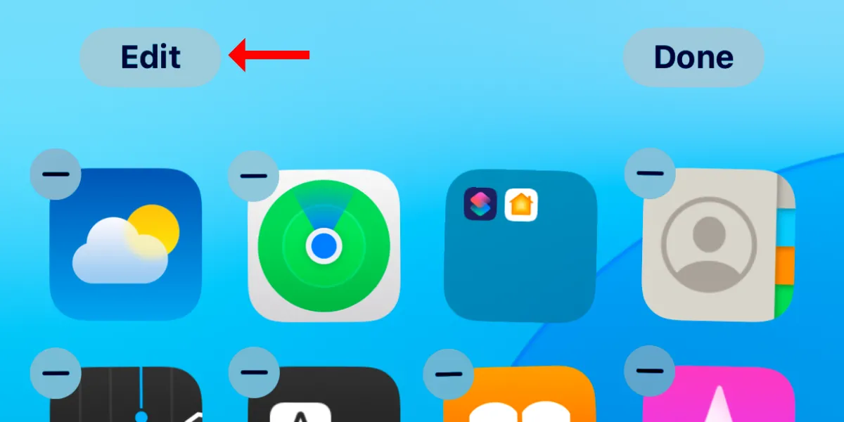 Ảnh chụp màn hình nút Edit (Chỉnh sửa) trên màn hình chính của iPhone ở chế độ rung lắc.