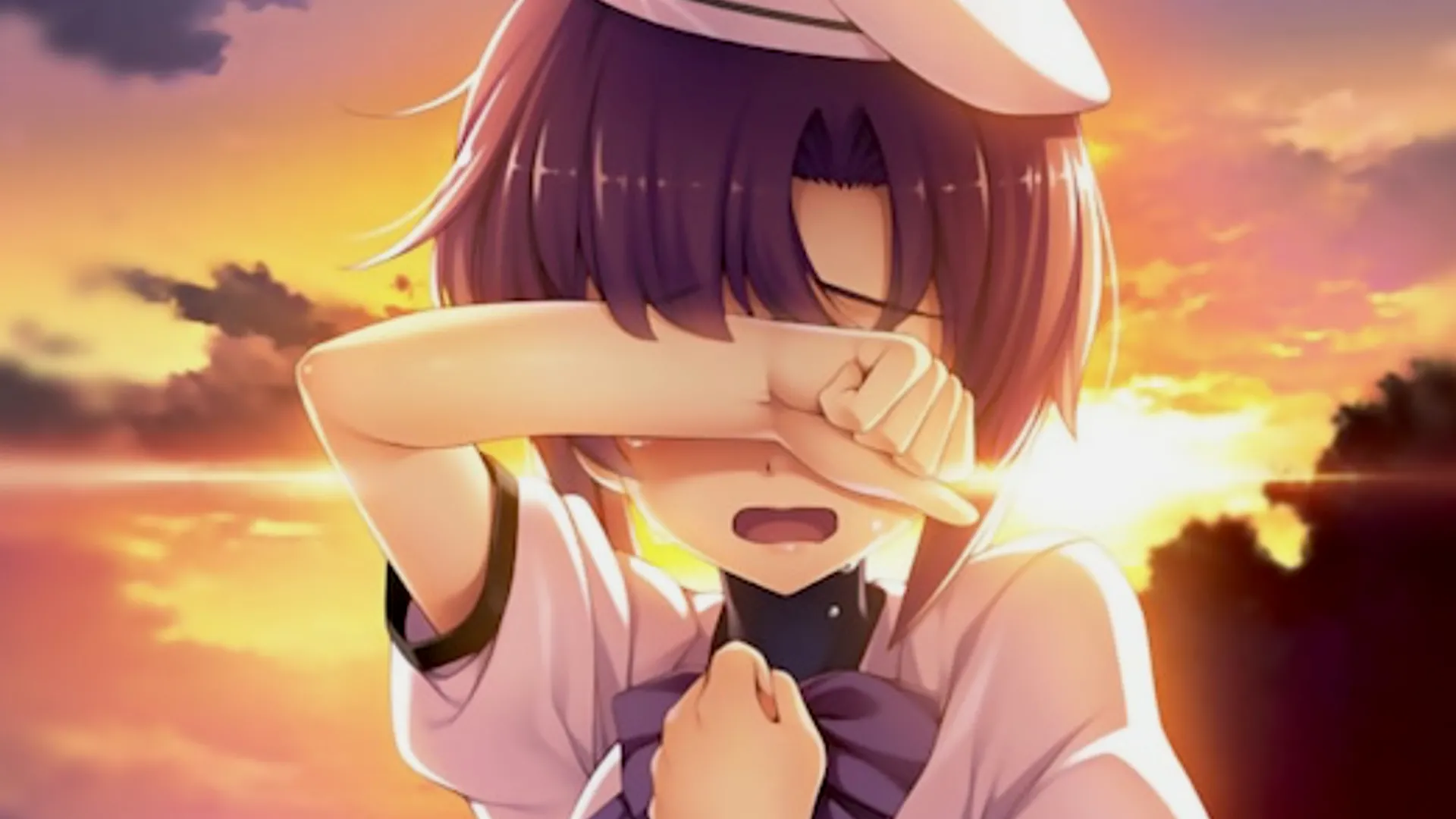 Ảnh chụp màn hình Rena khóc trên nền hoàng hôn từ game Higurashi When They Cry