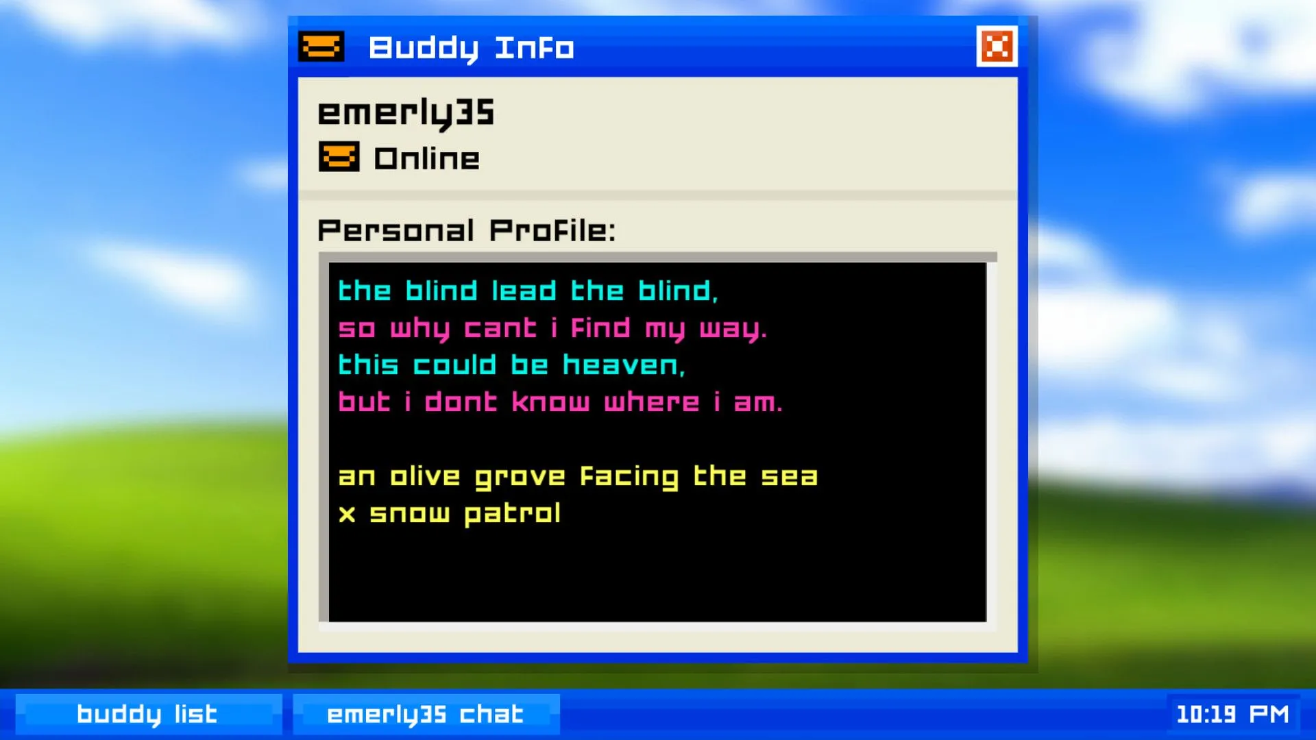 Ảnh chụp màn hình tương tác với Emily trên một giao diện phòng chat kiểu retro từ game Emily is Away