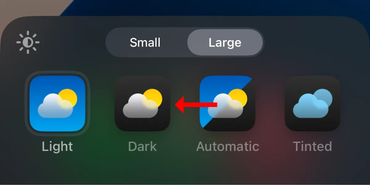 Ảnh chụp màn hình tùy chọn biểu tượng ứng dụng Dark (Tối) trong menu Tùy chỉnh trên iOS 18.