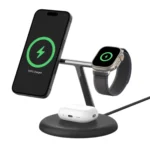 Belkin BoostCharge Pro 3-in-1 Qi2 màu đen, bộ sạc không dây đa năng cho iPhone, Apple Watch và AirPods, giúp tối ưu không gian bàn.