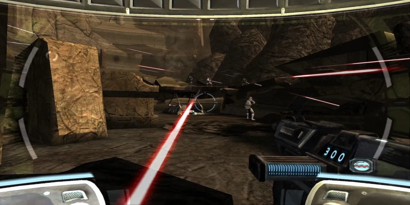 Biệt đội lính nhân bản trong Star Wars: Republic Commando, thể hiện lối chơi bắn súng góc nhìn thứ nhất với yếu tố chiến thuật đồng đội.