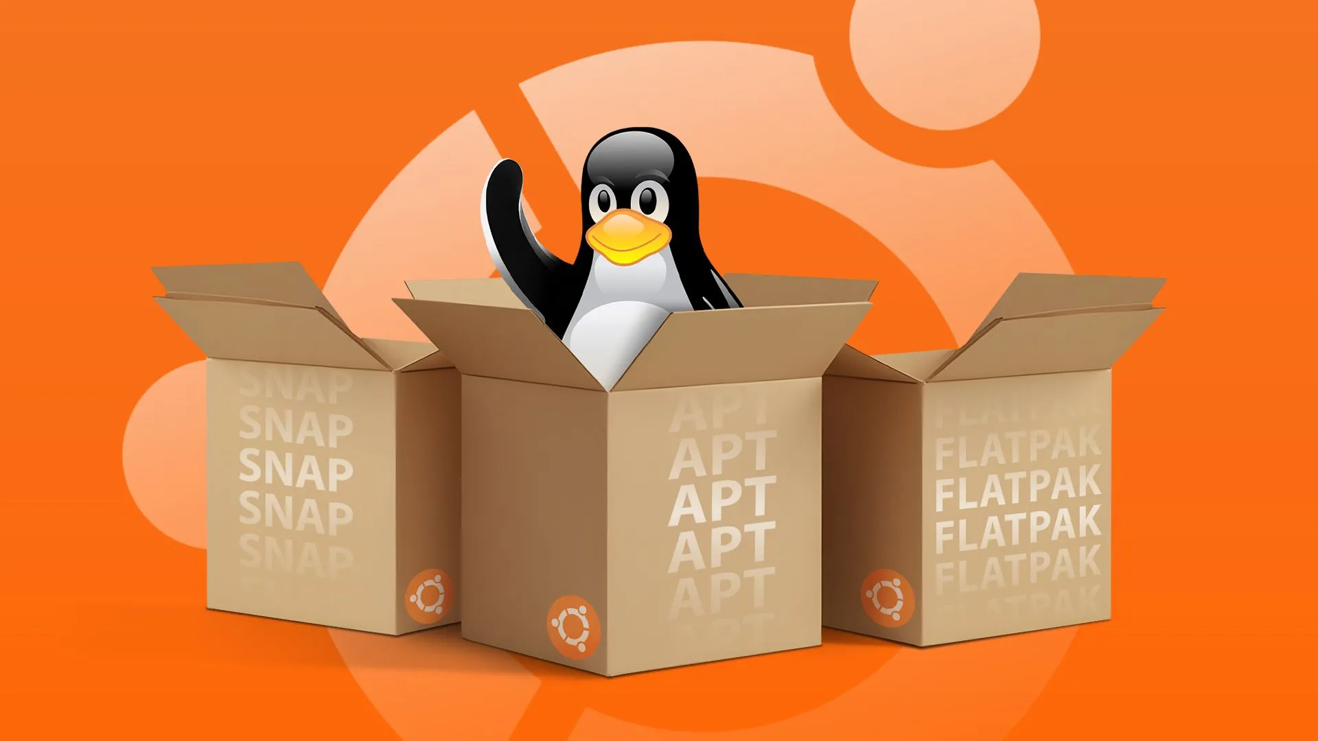 Biểu tượng Linux cùng hai hộp bên cạnh, nền là logo Ubuntu