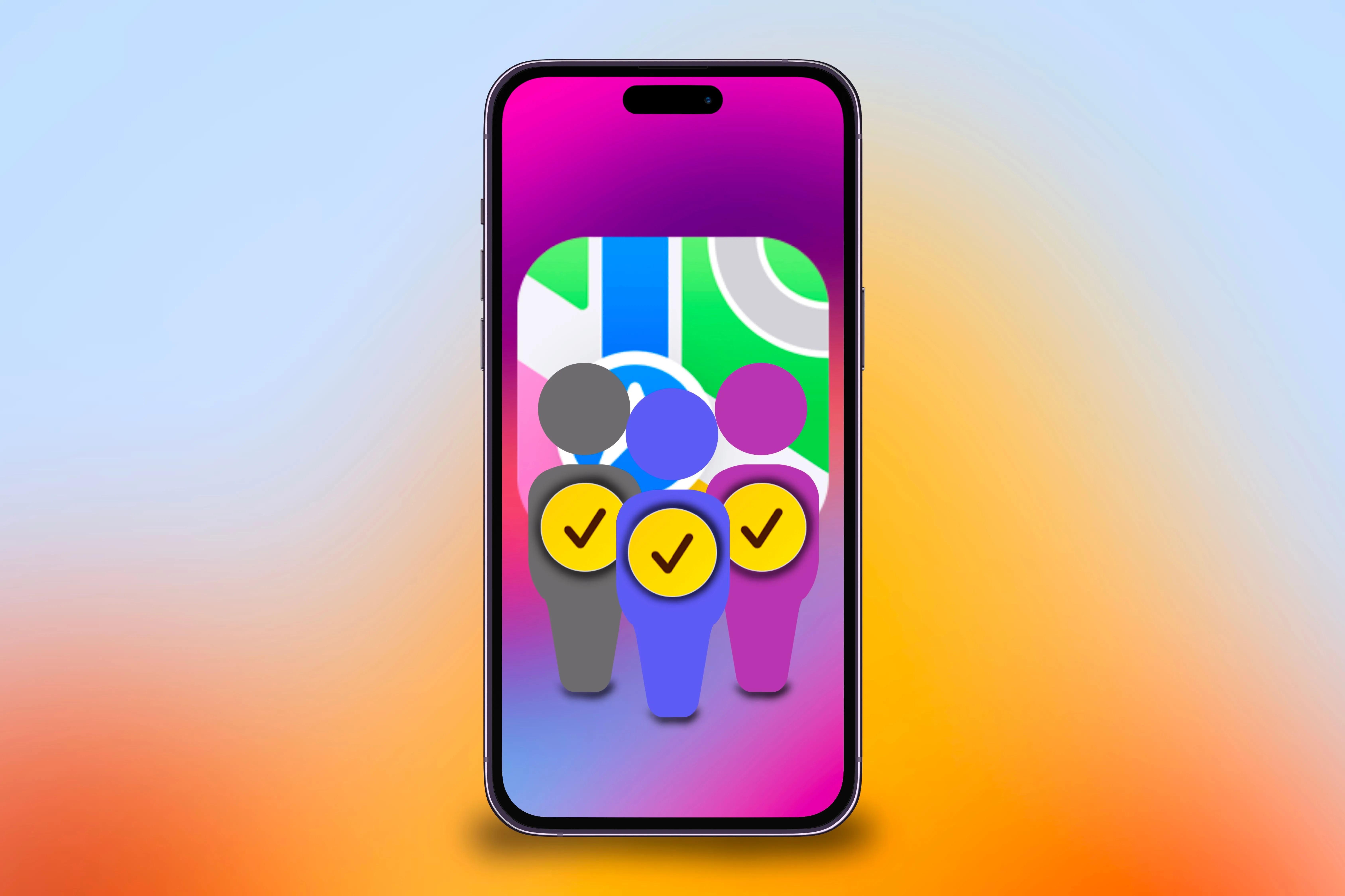 Biểu tượng nhiều người và biểu tượng ứng dụng Bản đồ Apple hiển thị trên iPhone, với hình nền sống động.