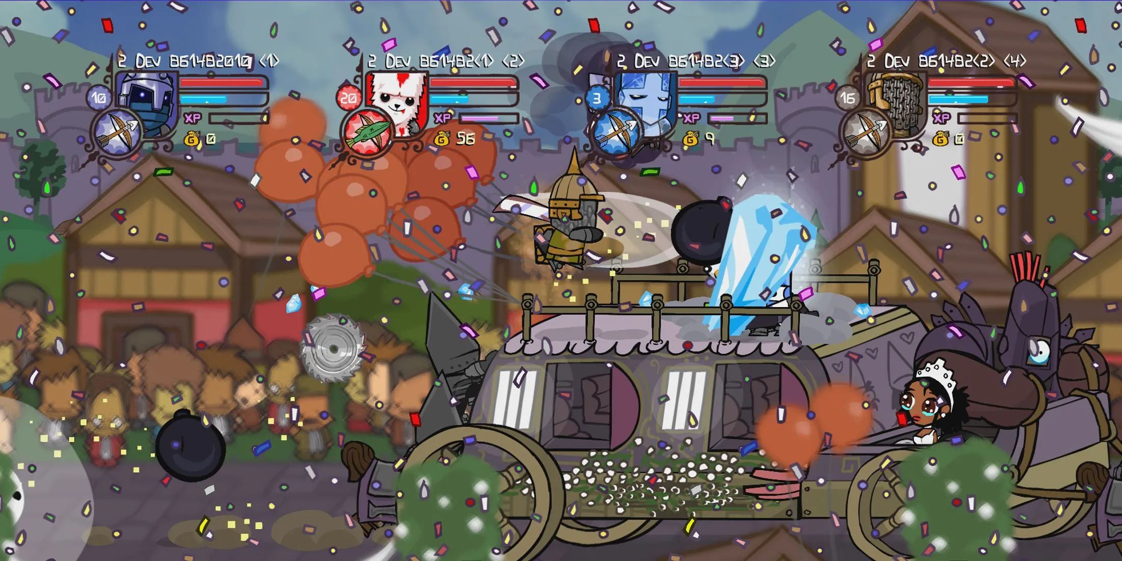 Bốn hiệp sĩ trong Castle Crashers Remastered cùng nhau tiến lên trong một cảnh hành động