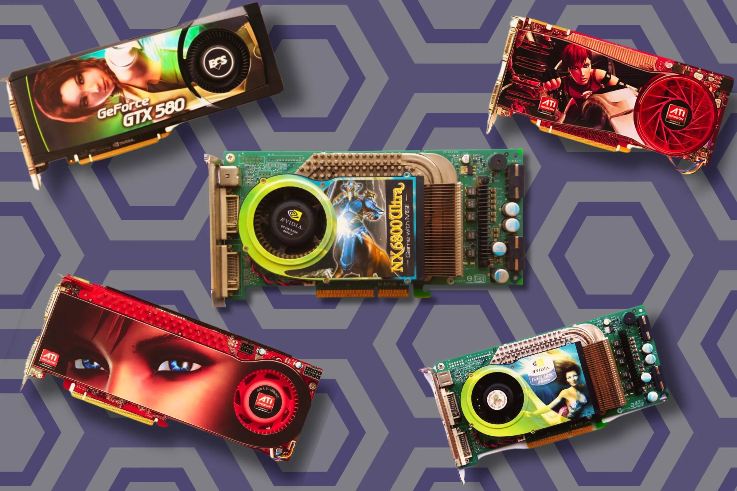Các card đồ họa cũ nổi trên nền hình học, đại diện cho lịch sử phát triển của GPU.