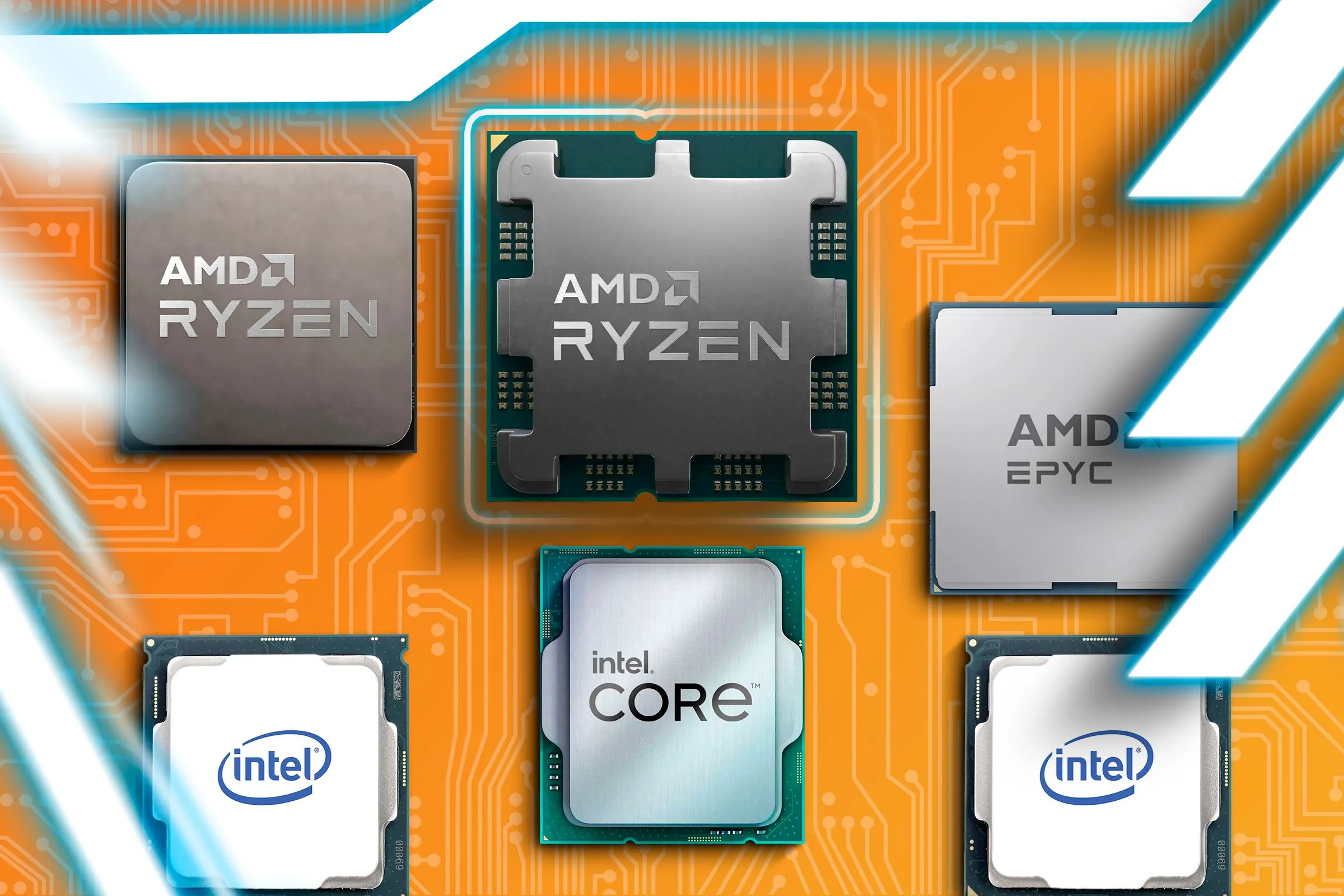 Các chip CPU Intel và AMD trên nền mạch điện tử