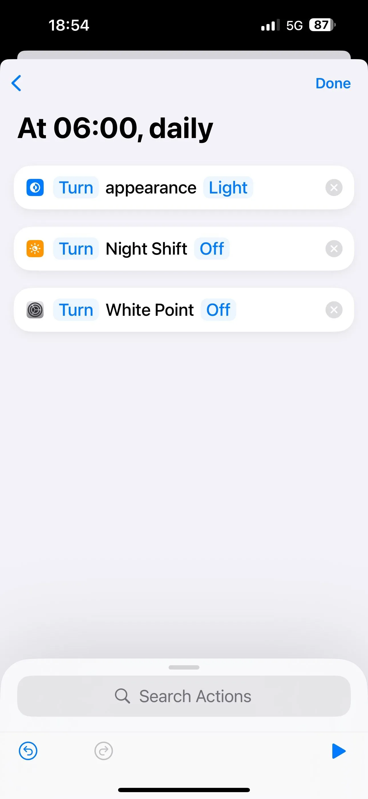 Các hành động Đặt Giao diện, Đặt Night Shift và Đặt Điểm trắng được thêm vào tự động hóa Phím tắt