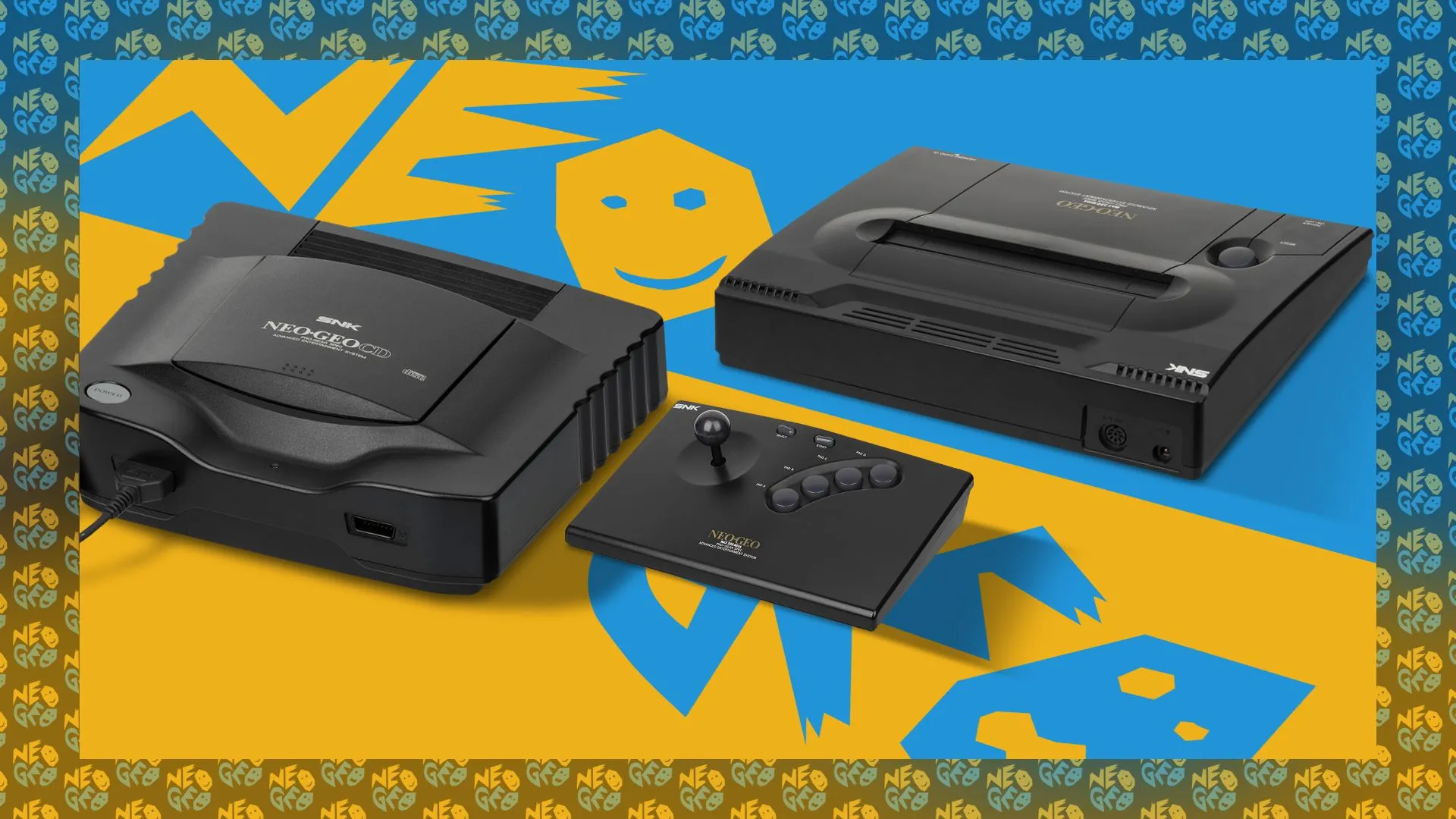 Các hệ máy console Neo Geo cùng logo SNK ở hậu cảnh