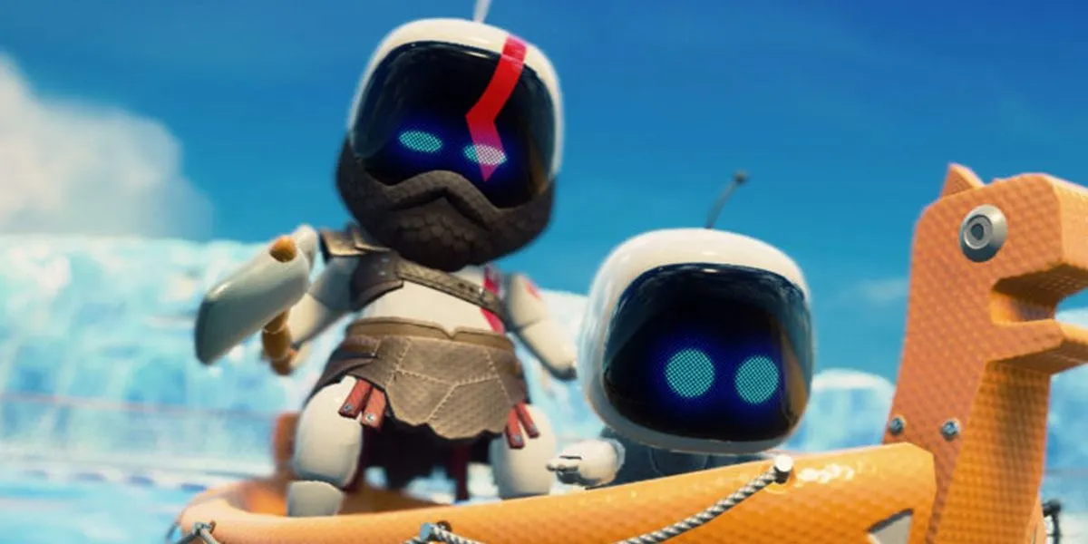Các robot Astrobot cùng Kratos và Atreus trên thuyền, tái hiện cảnh trong God of War, tượng trưng cho di sản game của PlayStation.