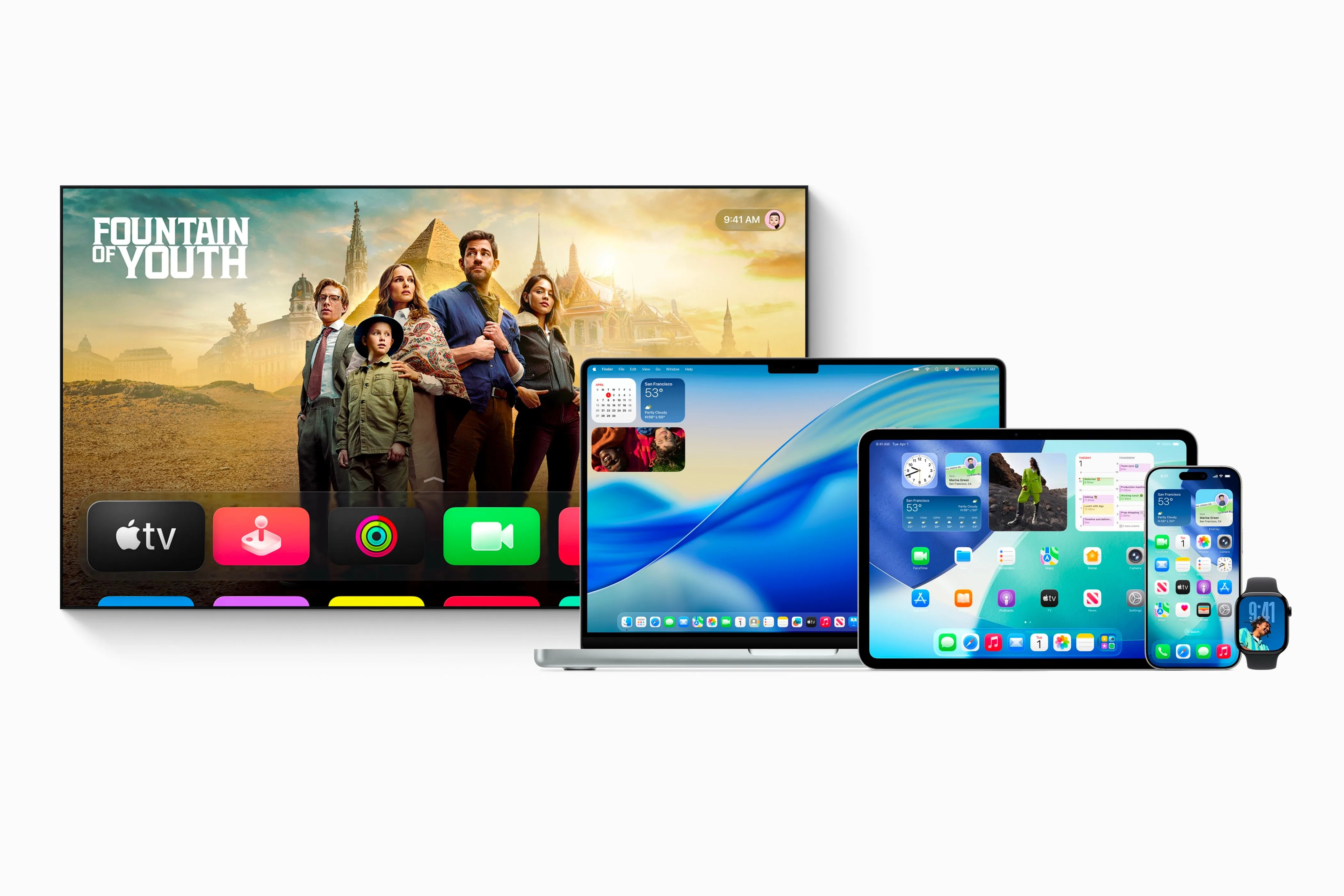Các thiết bị iPhone, iPad, Apple Watch, Mac và Apple TV hiển thị giao diện OS 26 với ngôn ngữ thiết kế Liquid Glass, tượng trưng cho sự thống nhất hệ sinh thái Apple.
