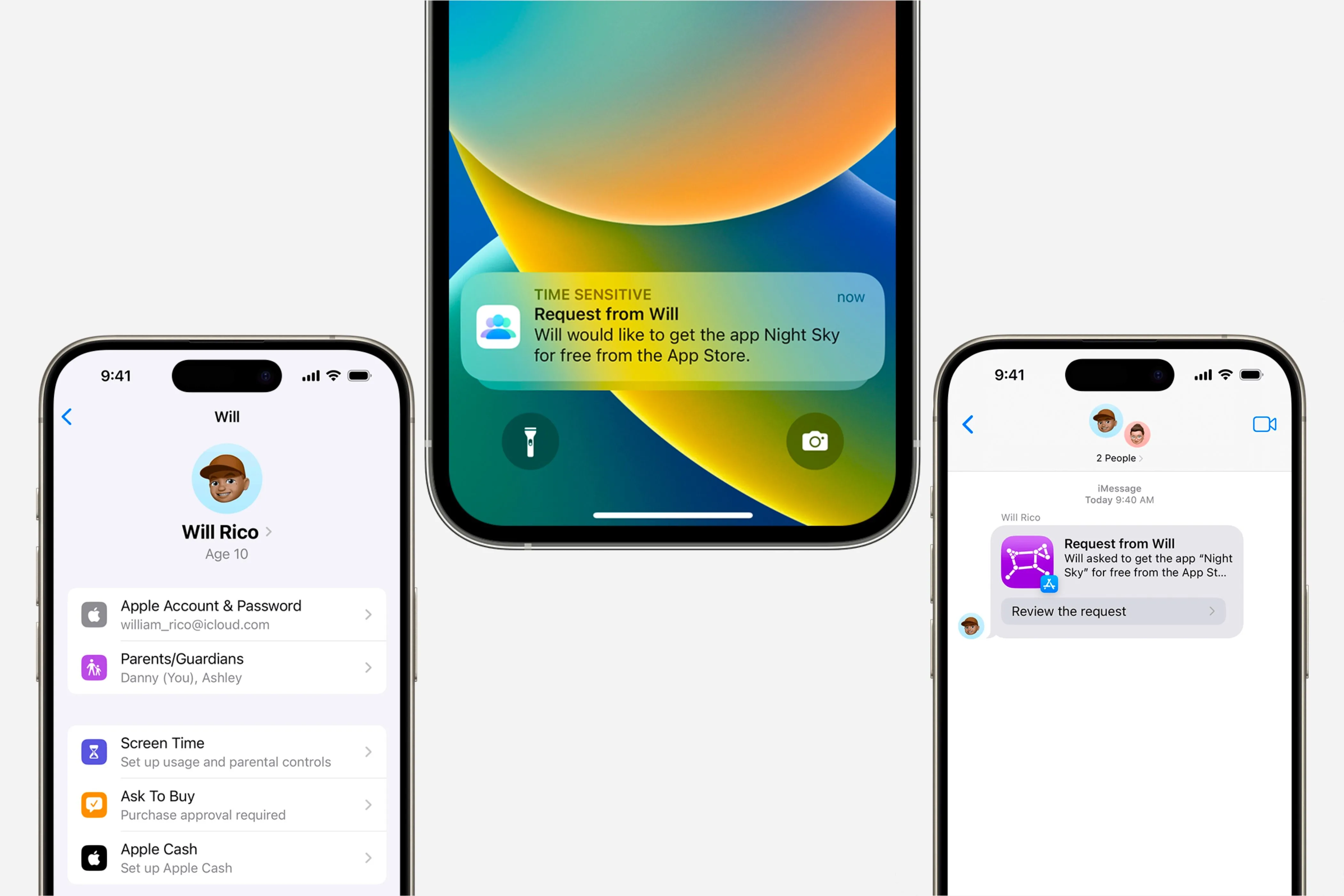 Các thông báo và tùy chọn &quot;Hỏi Để Mua&quot; (Ask to Buy) trong cài đặt trên ba chiếc iPhone, minh họa tính năng này bị tắt.