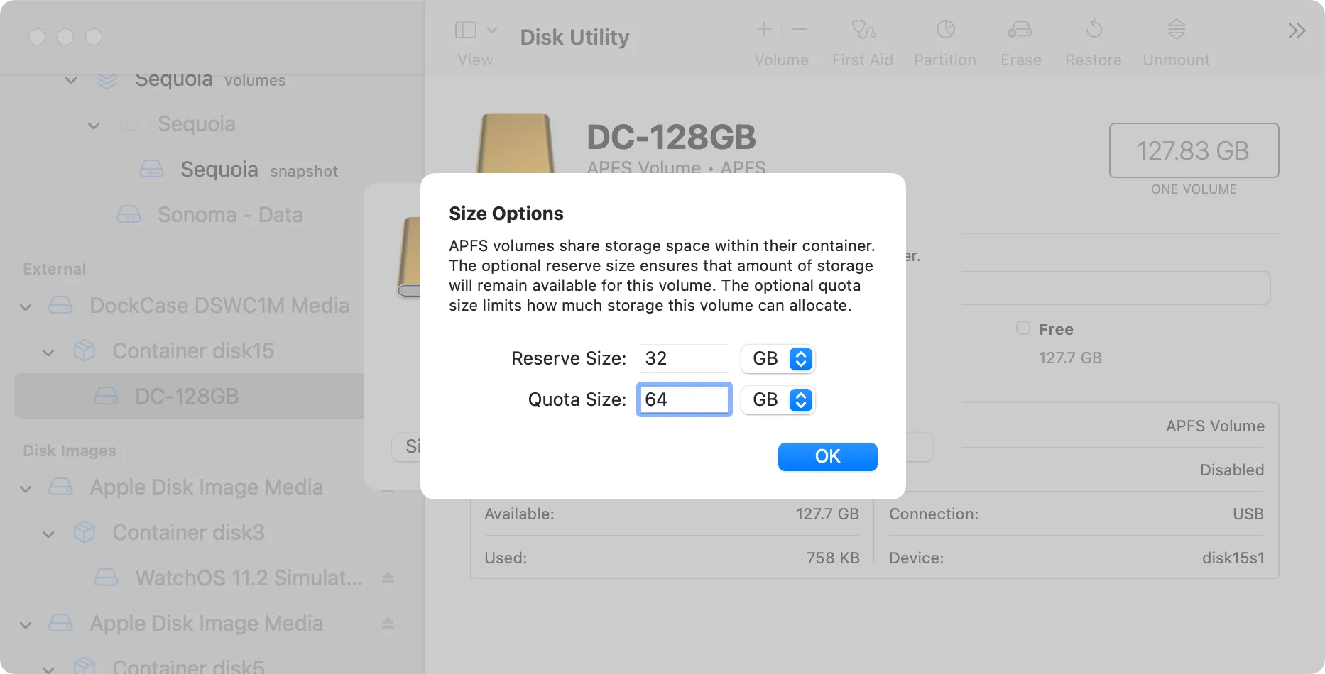 Các tùy chọn cài đặt kích thước khi thêm phân vùng mới trong Tiện ích Đĩa macOS.