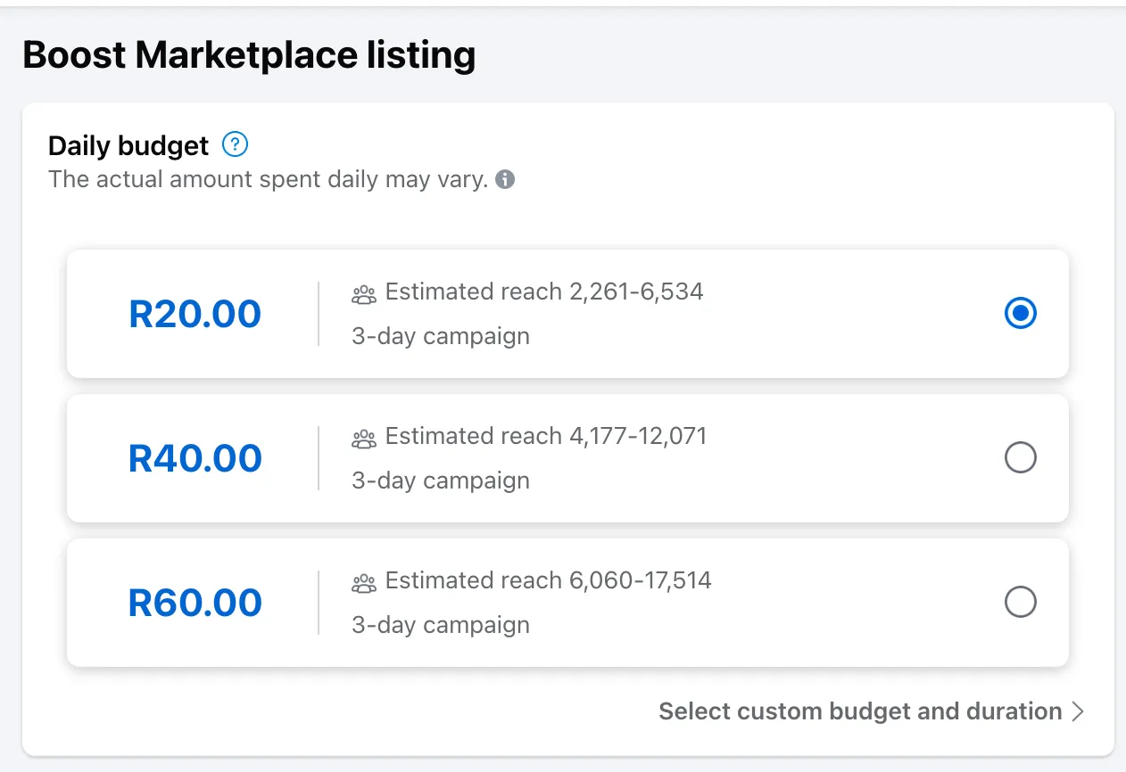 Các tùy chọn chi phí và thời gian cho chiến dịch quảng cáo trên Facebook Marketplace.