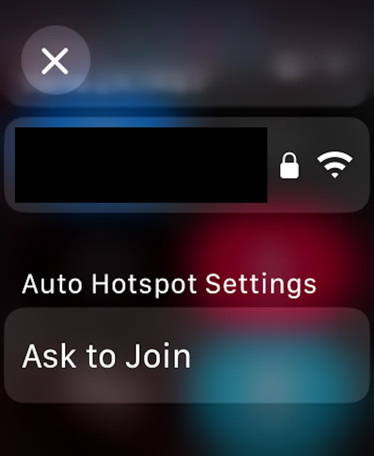 Cài đặt Điểm truy cập cá nhân tự động (Auto Hotspot) trên Apple Watch hiển thị các tùy chọn Never, Ask to Join, Automatic
