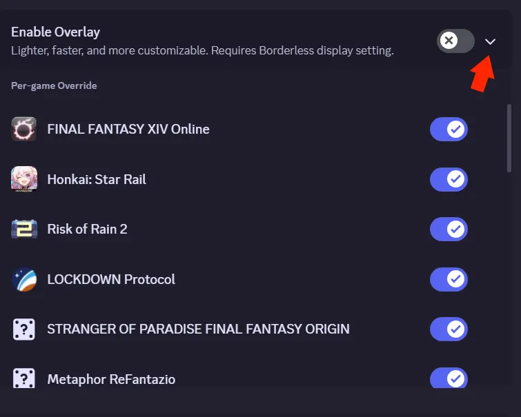Cài đặt Game Overlay trong Discord, với danh sách các trò chơi và ứng dụng cho phép người dùng bật/tắt overlay riêng lẻ, thể hiện tùy chọn cá nhân hóa