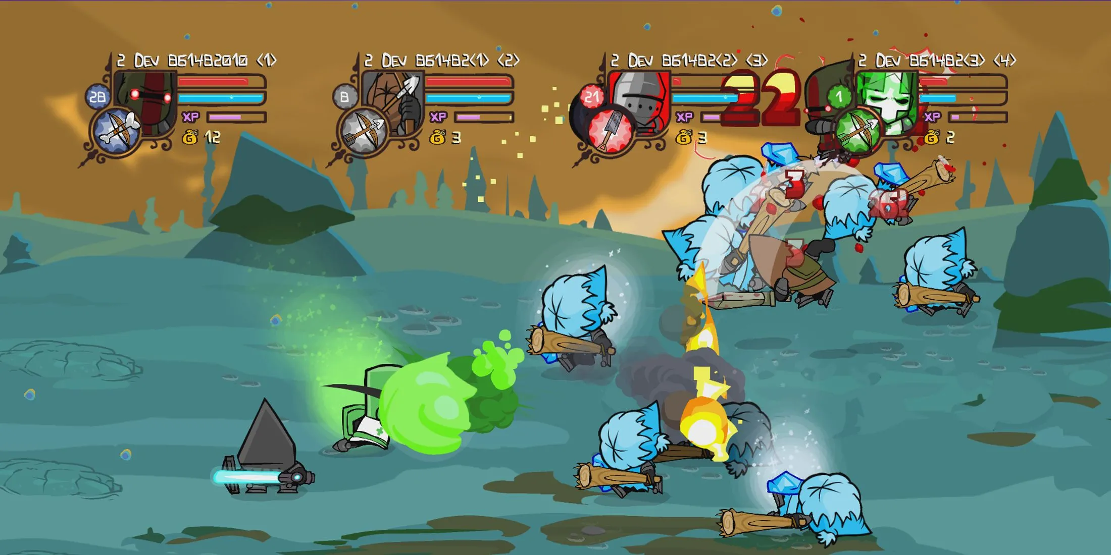 Cảnh bốn người chơi cùng tham gia chiến đấu trong chế độ co-op của Castle Crashers Remastered