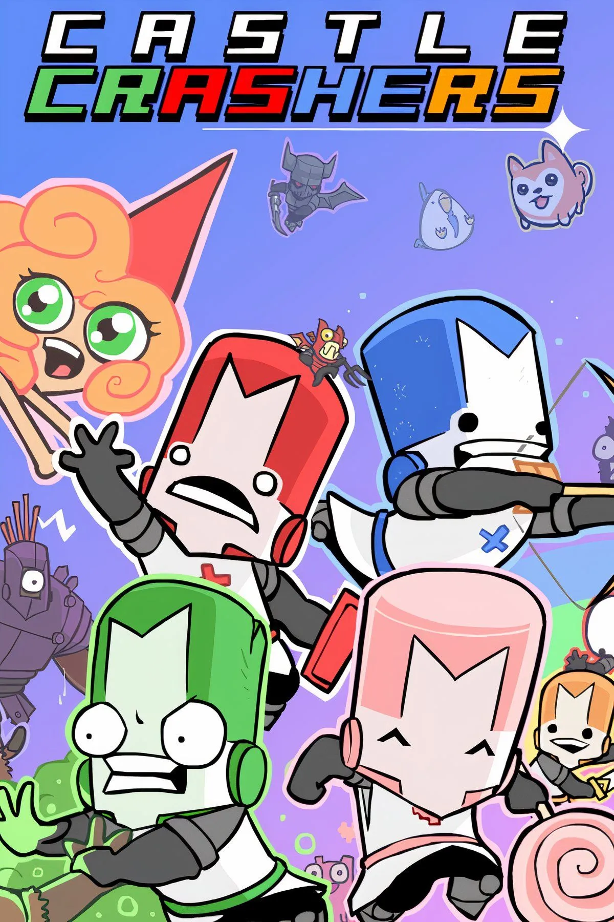 Cảnh các hiệp sĩ chiến đấu và giải cứu công chúa trong game Castle Crashers Remastered