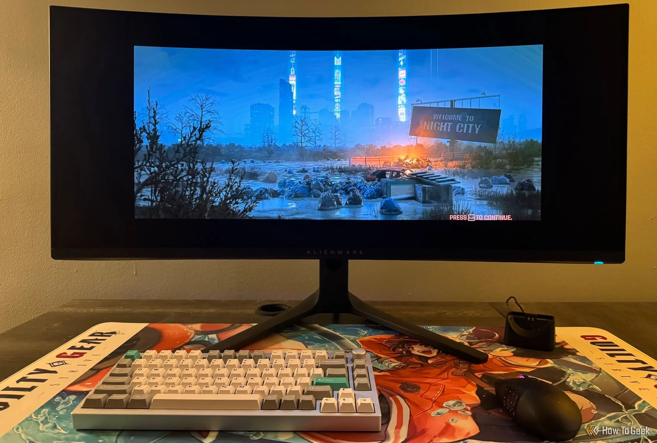 Cảnh cắt từ game Cyberpunk 2077 được hiển thị với các dải đen ở hai bên trên màn hình ultrawide, minh họa cách nội dung không tương thích được hiển thị.
