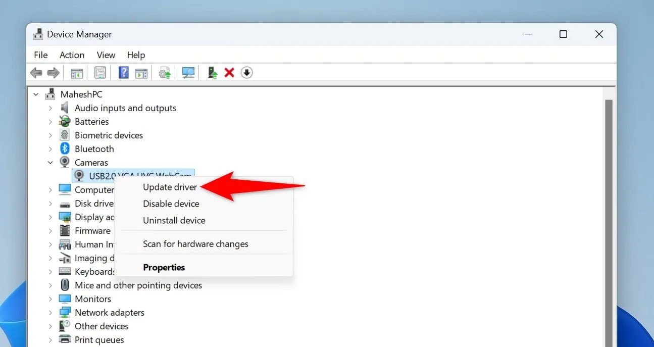 Cập nhật driver thiết bị thông qua Device Manager trên Windows 11.