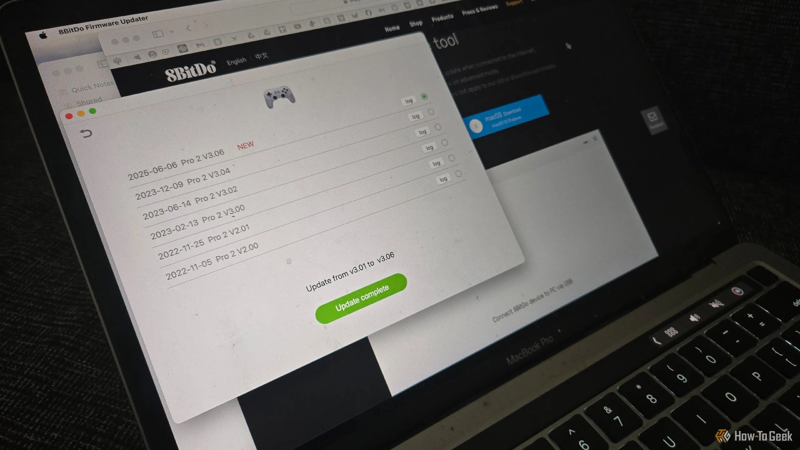 Cập nhật firmware tay cầm chơi game 8BitDo Pro 2 từ máy tính MacBook.