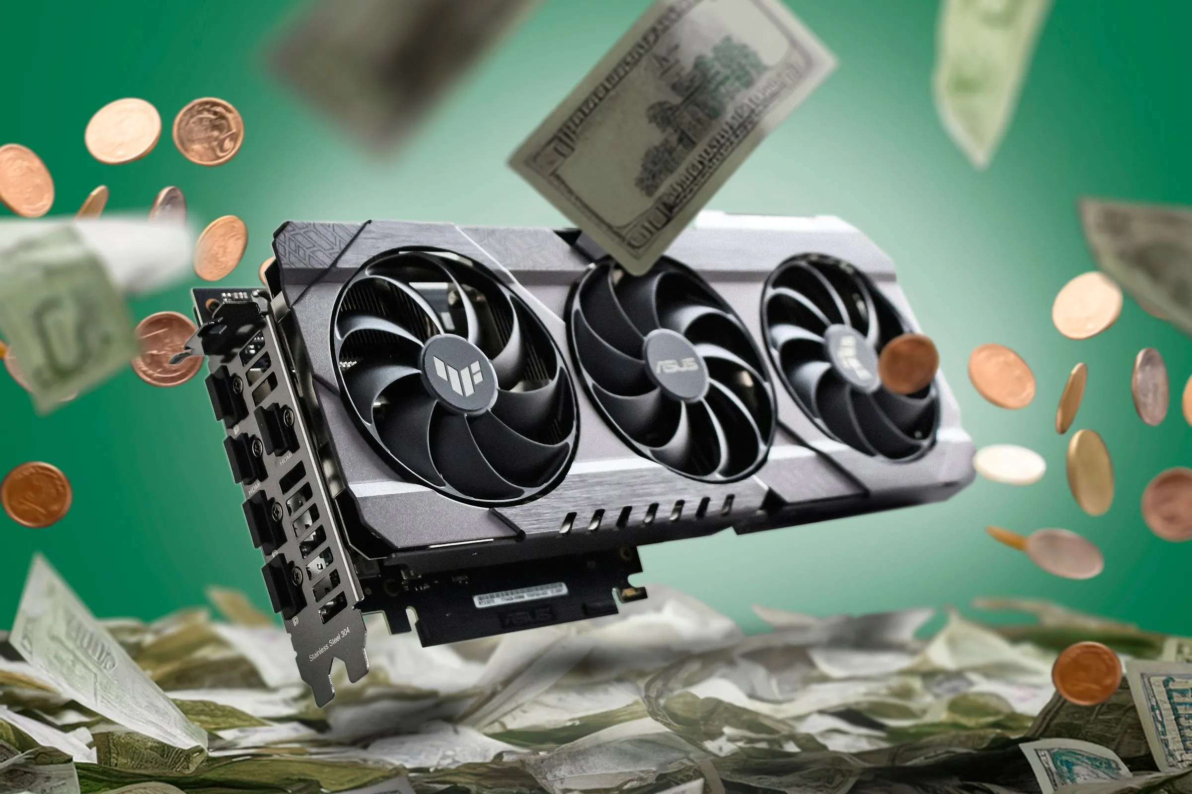 Card đồ họa (GPU) và một đống tiền minh họa chi phí cao cho hệ thống gaming 4K.