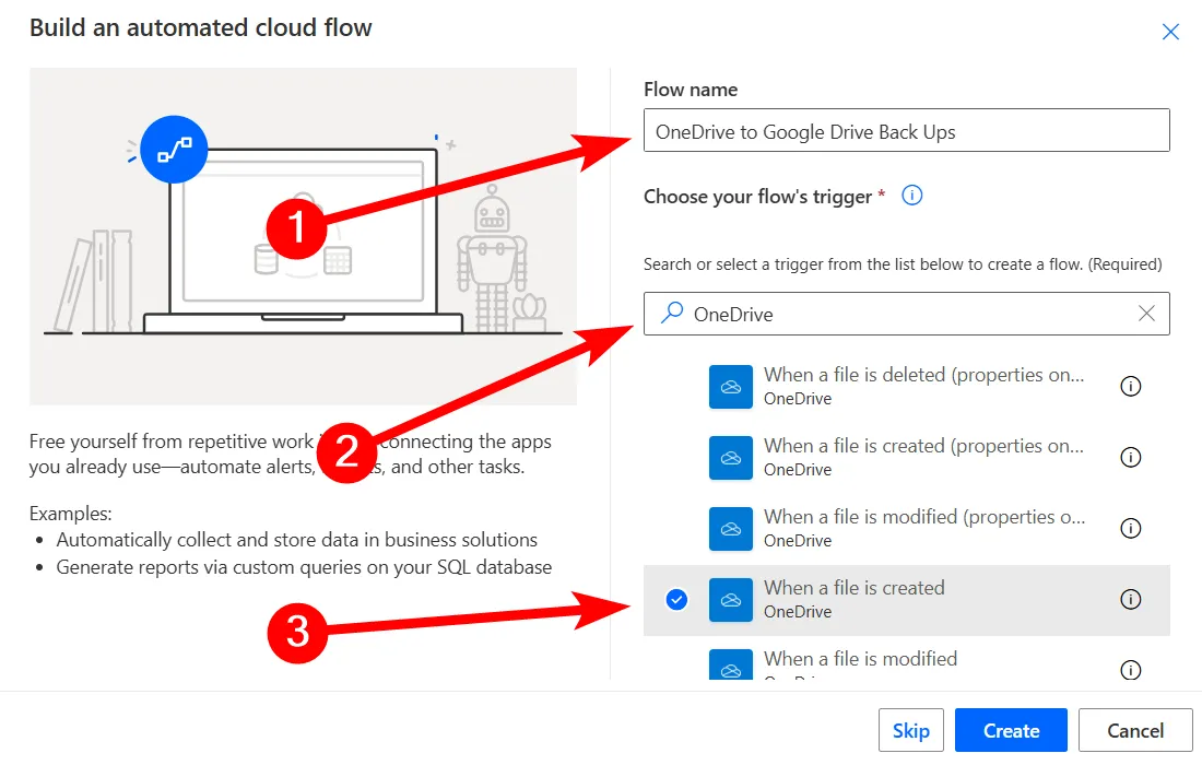 Cấu hình tên và chọn trigger OneDrive &quot;Khi một tệp được tạo&quot; cho luồng đám mây tự động trong Power Automate for Web.