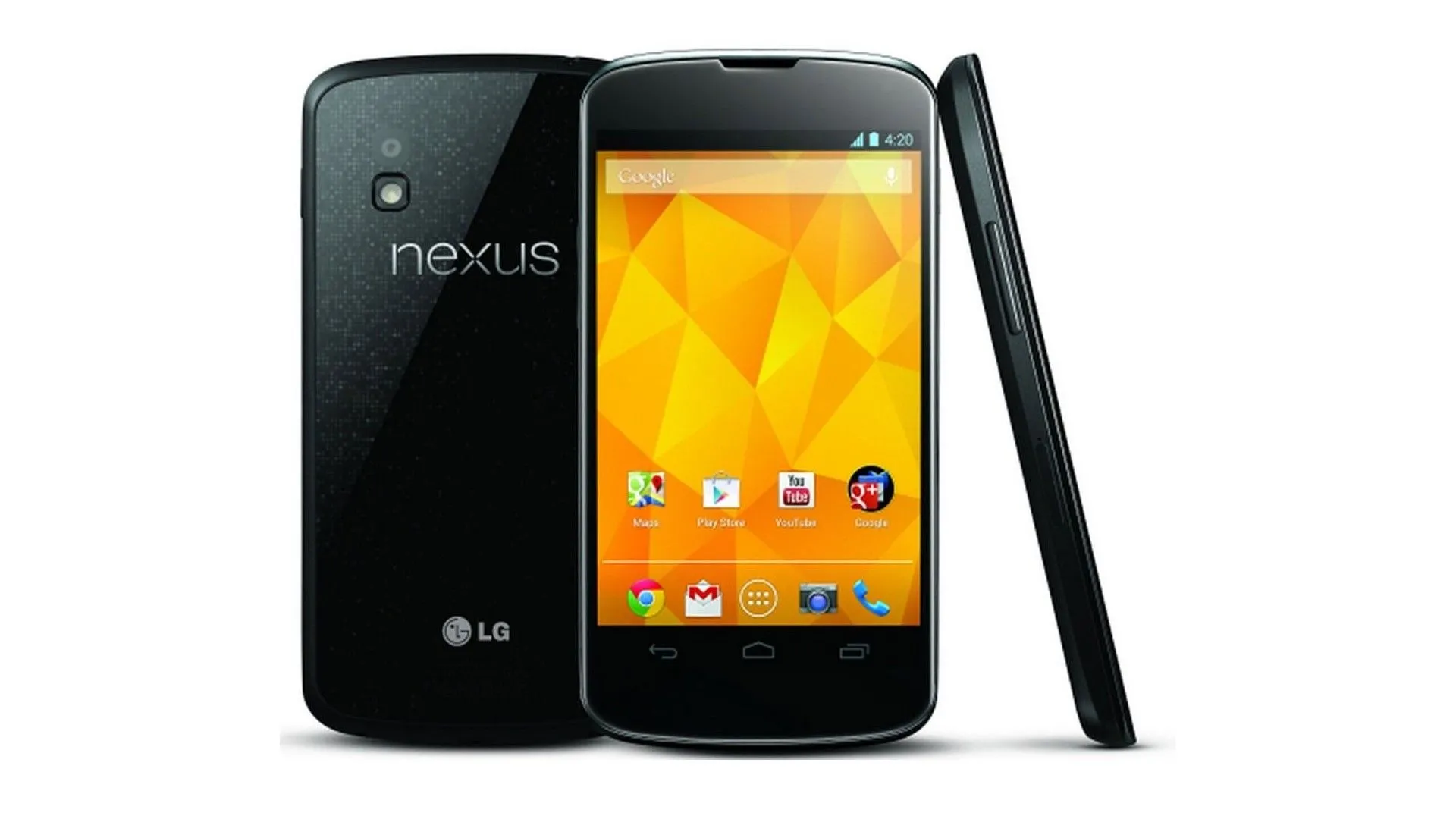 Chiếc điện thoại Nexus 4 màu đen với mặt lưng kính có hiệu ứng lấp lánh như pixel, thiết kế tối giản và thanh lịch.
