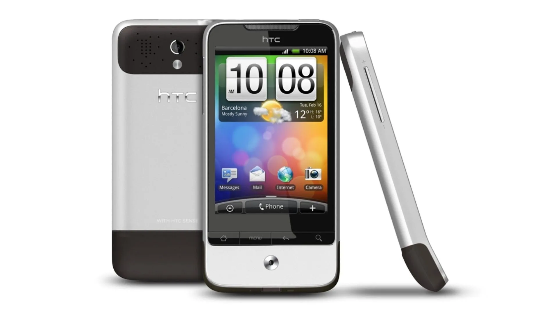 Chiếc HTC Legend màu bạc và đen, nổi bật với thân máy kim loại nguyên khối, thiết kế hai tông màu và bi lăn quang học cảm ứng trên cằm.
