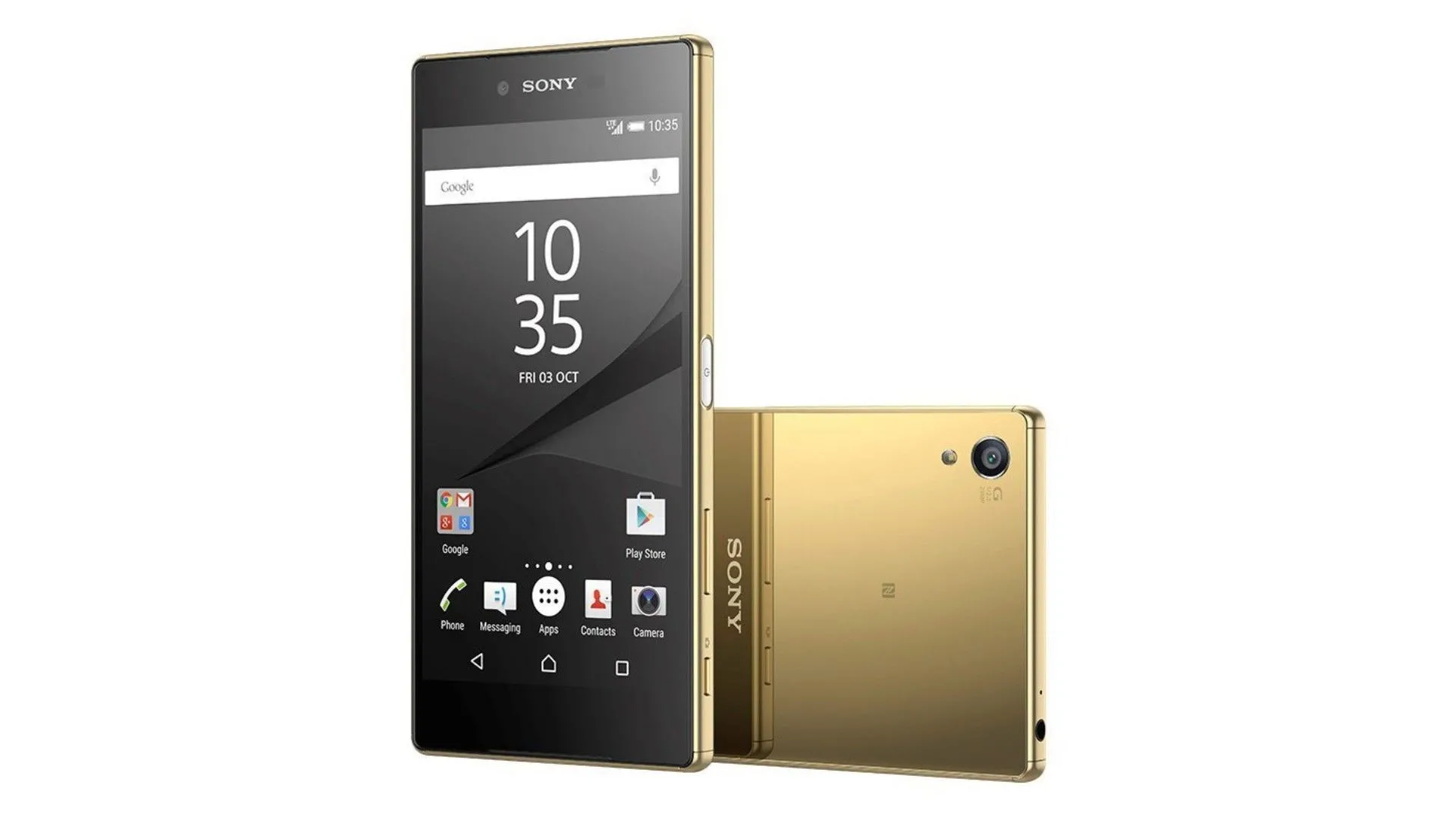 Chiếc Sony Xperia Z5 màu vàng gold, với thiết kế dạng khối hộp vuông vức, các cạnh phẳng và mặt lưng kính mịn, mang lại vẻ ngoài sang trọng.