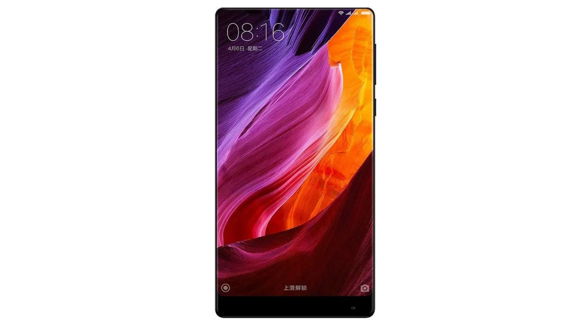 Chiếc Xiaomi Mi Mix màu đen với thiết kế màn hình gần như không viền ở ba cạnh trên và hai bên, camera trước đặt ở cạnh dưới.