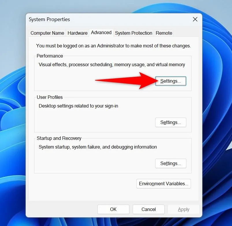 Chọn &quot;Settings&quot; trong mục &quot;Performance&quot; để điều chỉnh hiệu suất Windows 11.
