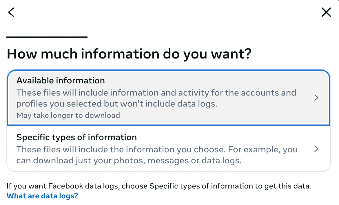 Chọn tất cả thông tin có sẵn để tải về từ Facebook.