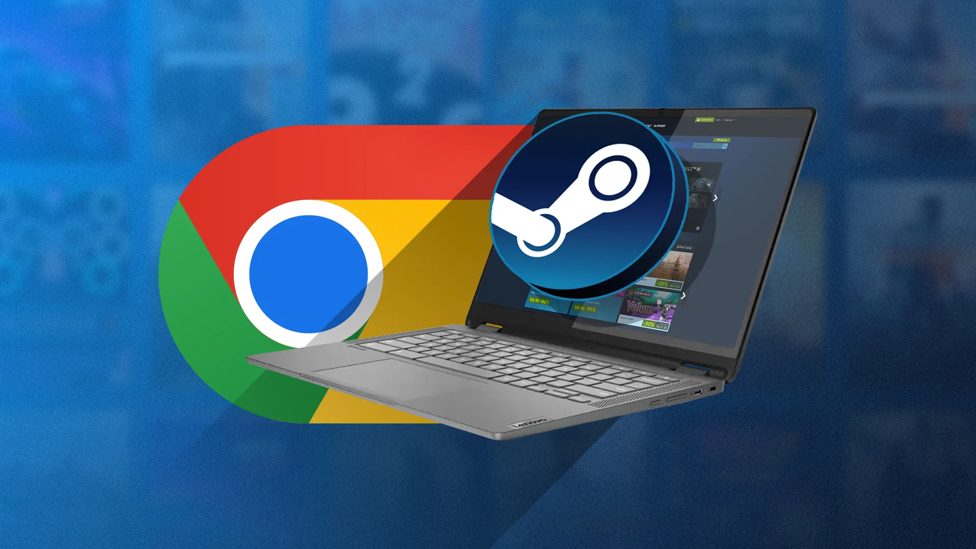 Chromebook đang chạy Steam với logo Steam và Chrome