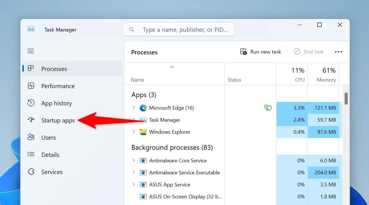 Chuyển đến tab &quot;Startup apps&quot; trong Task Manager để quản lý ứng dụng khởi động.