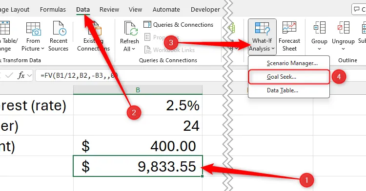 Công cụ Goal Seek trong tab Data của Microsoft Excel được chọn