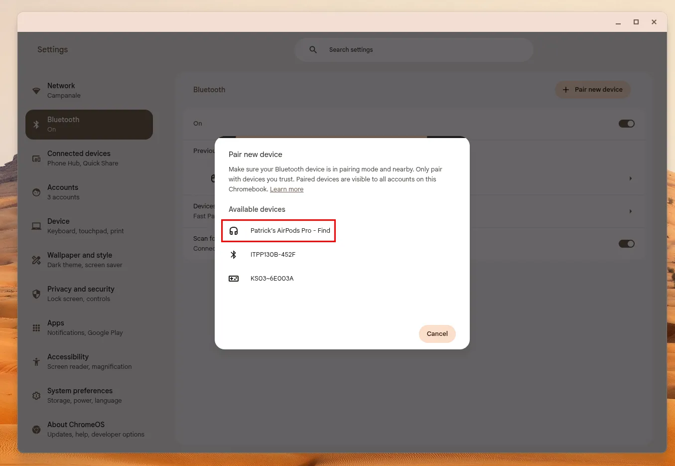 Cửa sổ bật lên hiển thị danh sách thiết bị Bluetooth sẵn sàng ghép nối trên Chromebook, với AirPods đã xuất hiện.