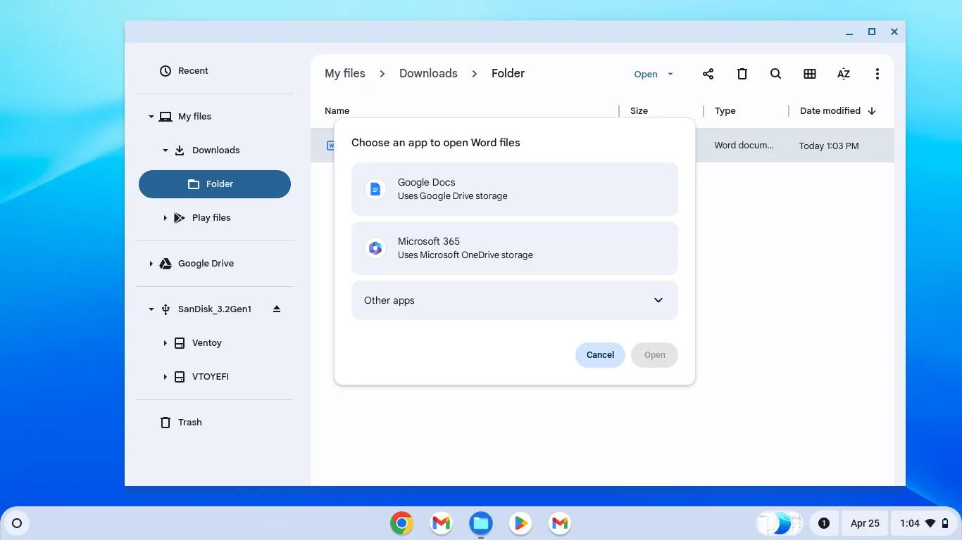 Cửa sổ bật lên hỏi có mở tệp Word bằng Google Docs hay Microsoft 365 không
