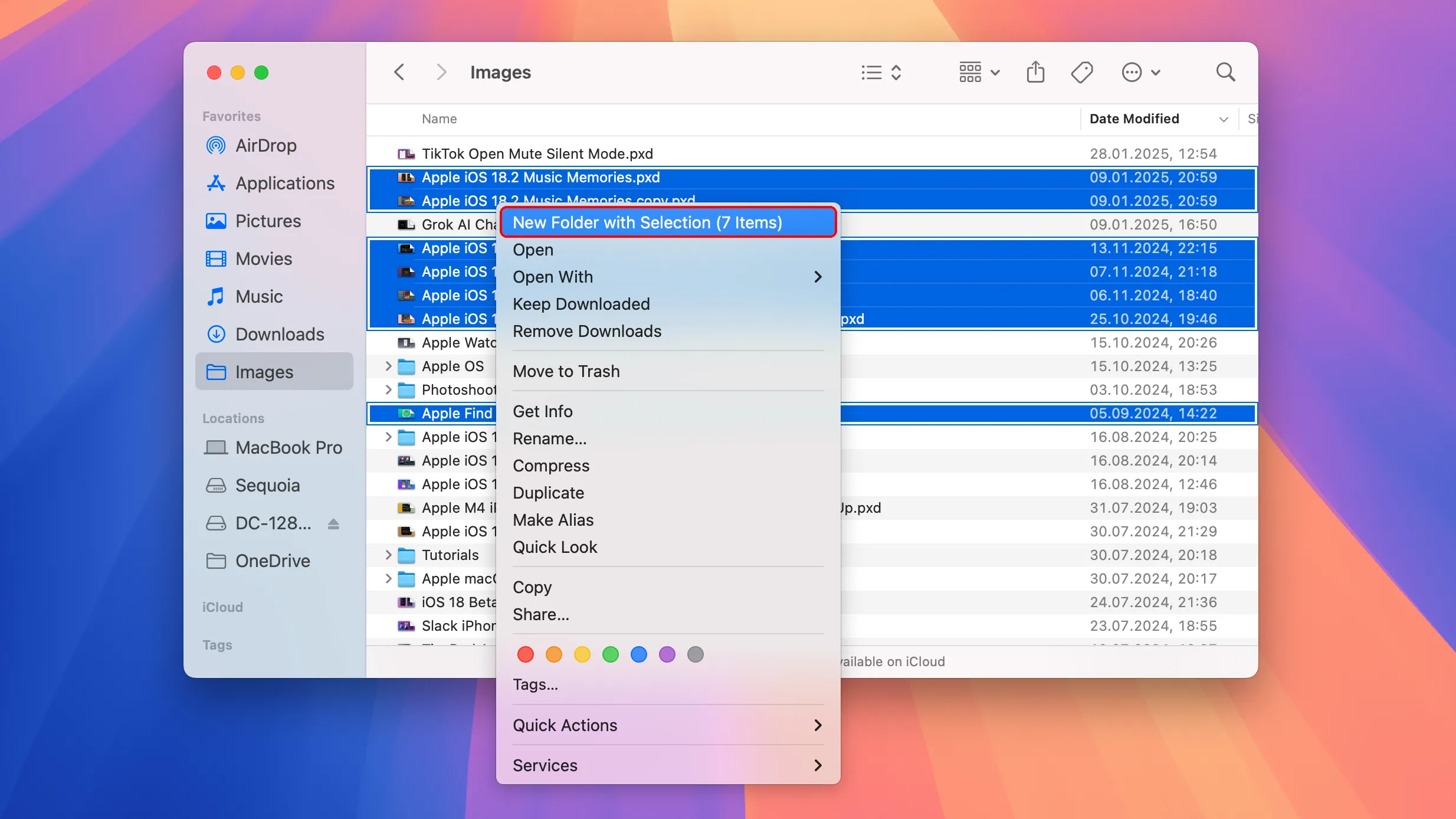 Cửa sổ Finder trên macOS Sequoia 15.3 hiển thị nhiều tệp được chọn và menu ngữ cảnh với tùy chọn &quot;Thư mục Mới Với Các Mục Đã Chọn&quot; được tô sáng.