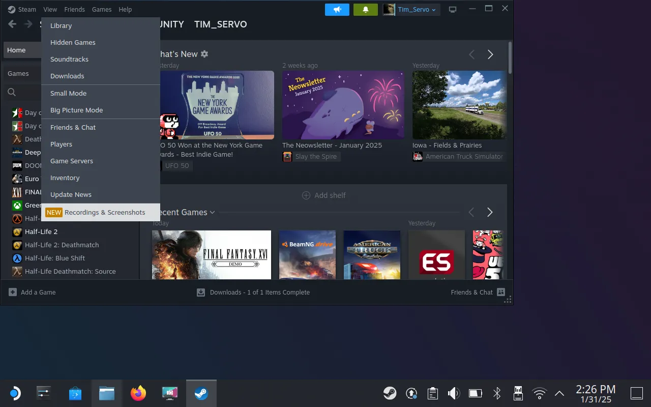 Cửa sổ Steam trong Desktop Mode hiển thị danh sách ảnh chụp màn hình và bản ghi, cho phép quản lý và tìm kiếm.